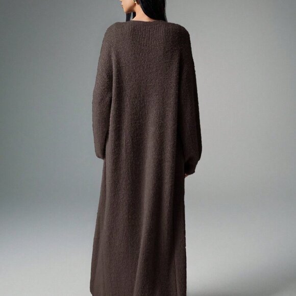 Coffee Brown Casual Women's Plush Extra Long Knit Cardigan - Picture 2 of 7